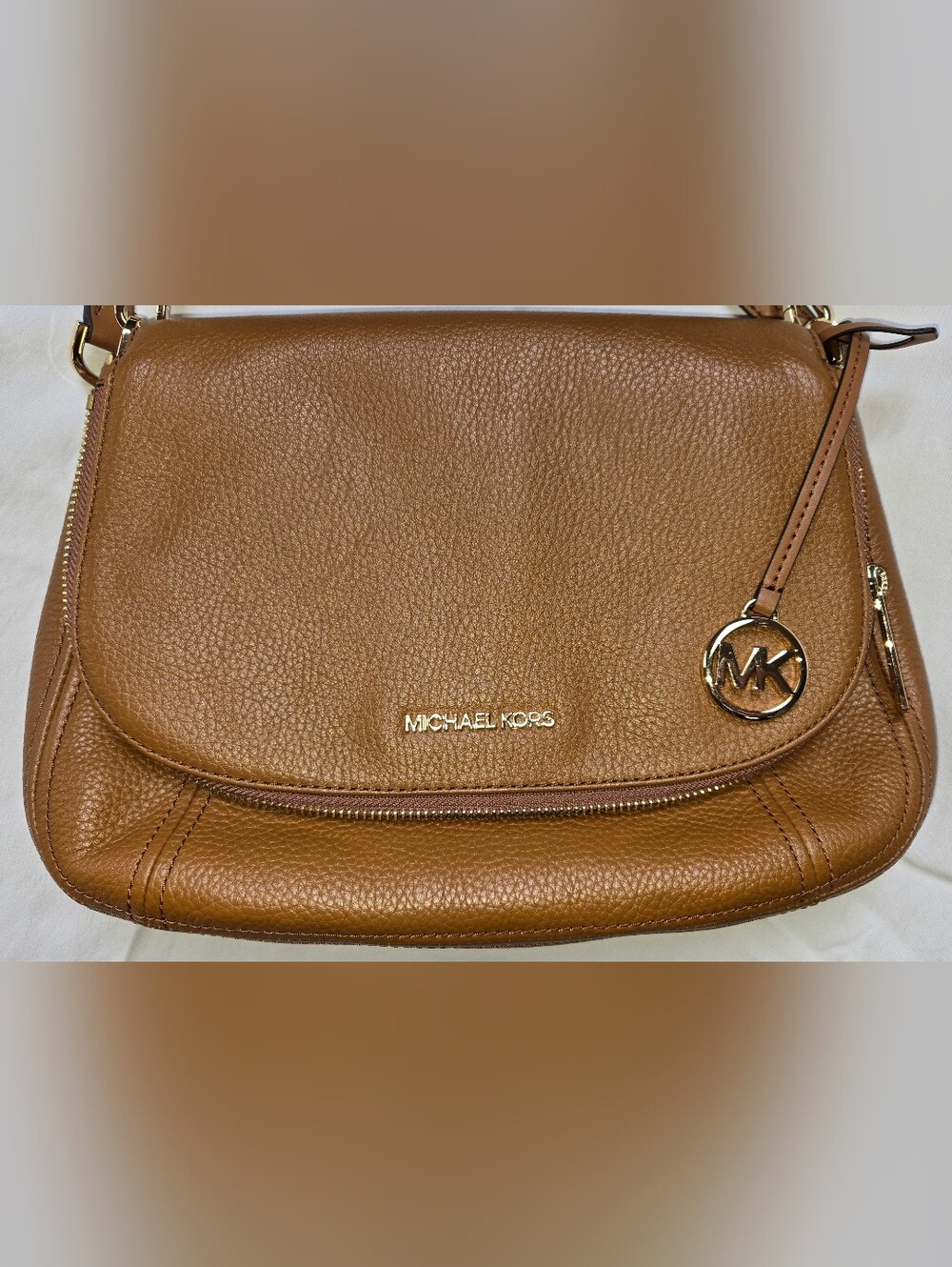 Michael Kors Bedford Pebbled Leather Flap Crossbody Bag Brown Gold Hardware